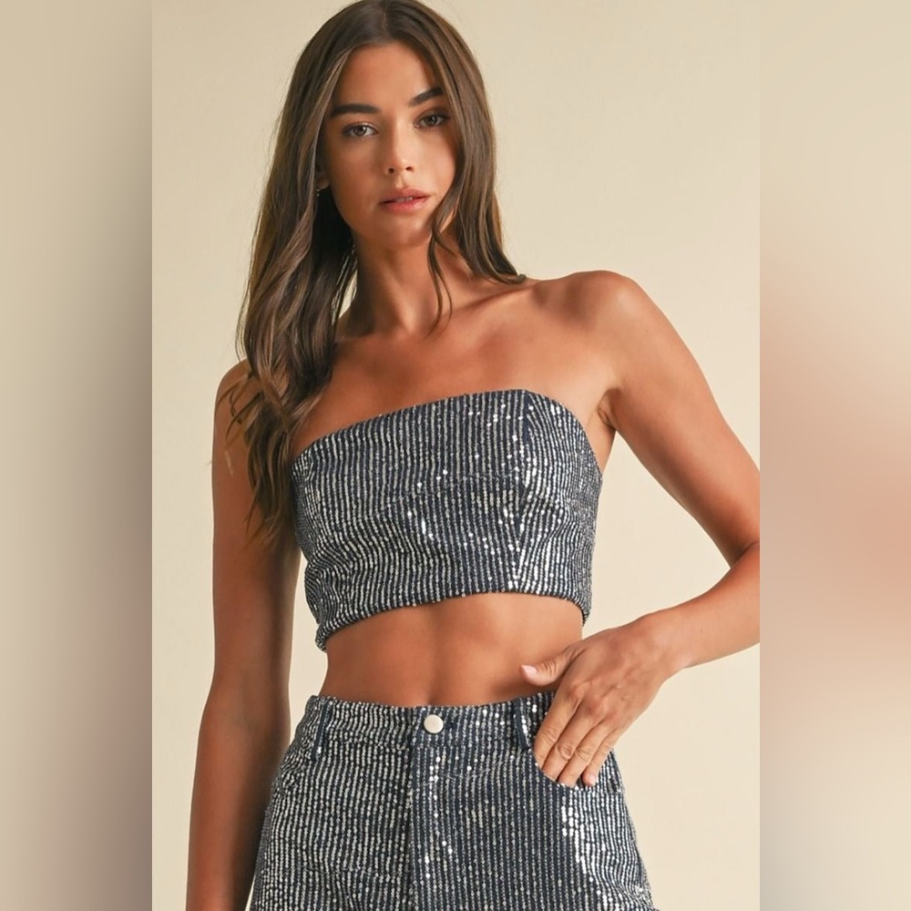 Sequin Striped Denim Bandeau Top – EB Luxe